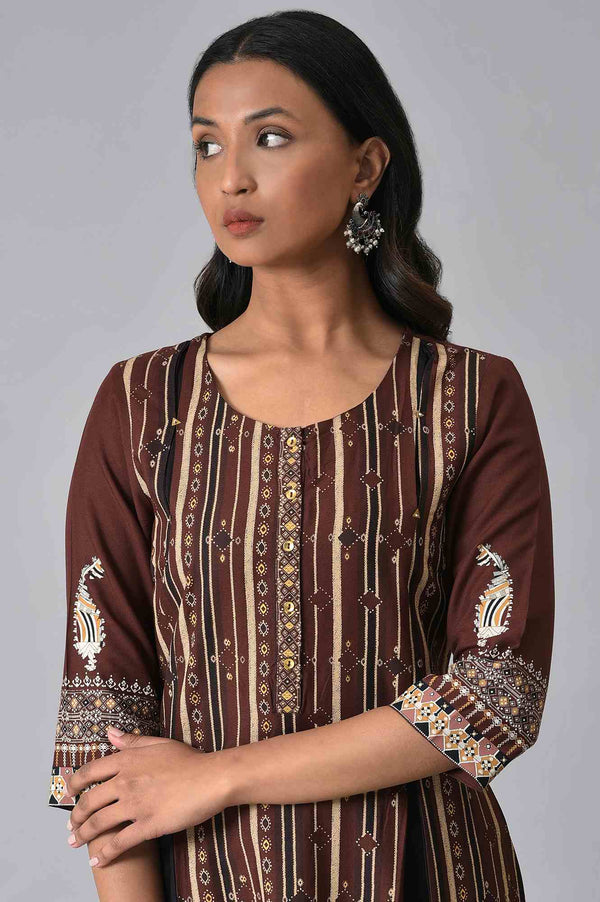 Dark Brown Printed Coins Rayon A-Line Kurta and Parallel Pant Set