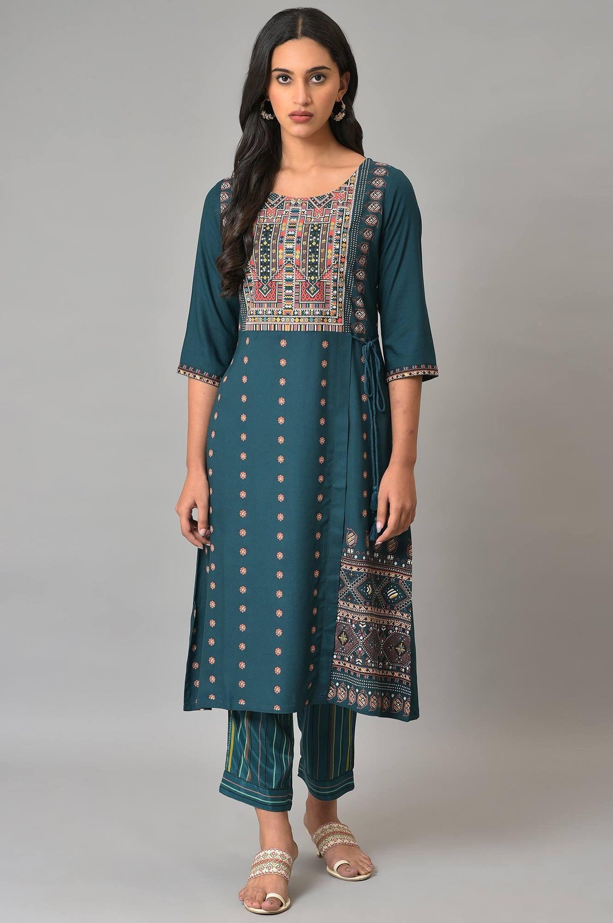 Teal Printed A-Line Mock Layer Plus Size kurta - 20