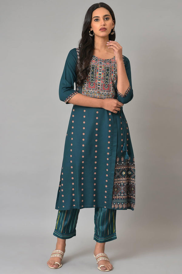 Teal Printed A-Line Mock Layer Plus Size kurta