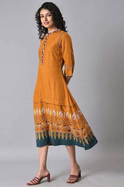 Mustard Printed Plus Size A-Line Dress - wforwoman