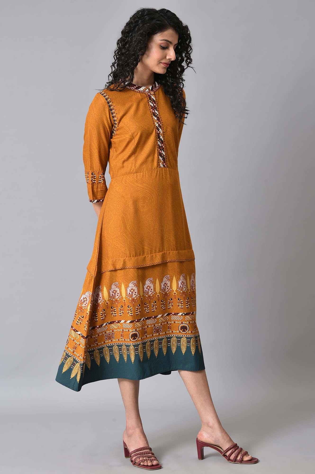 Mustard Printed A-Line Dress - wforwoman