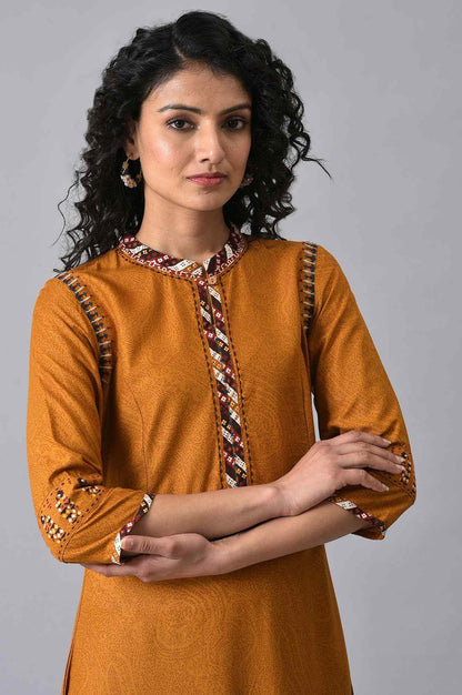 Mustard Printed Plus Size A-Line Dress - wforwoman