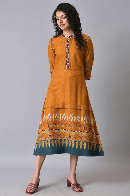 Mustard Printed Plus Size A-Line Dress - wforwoman