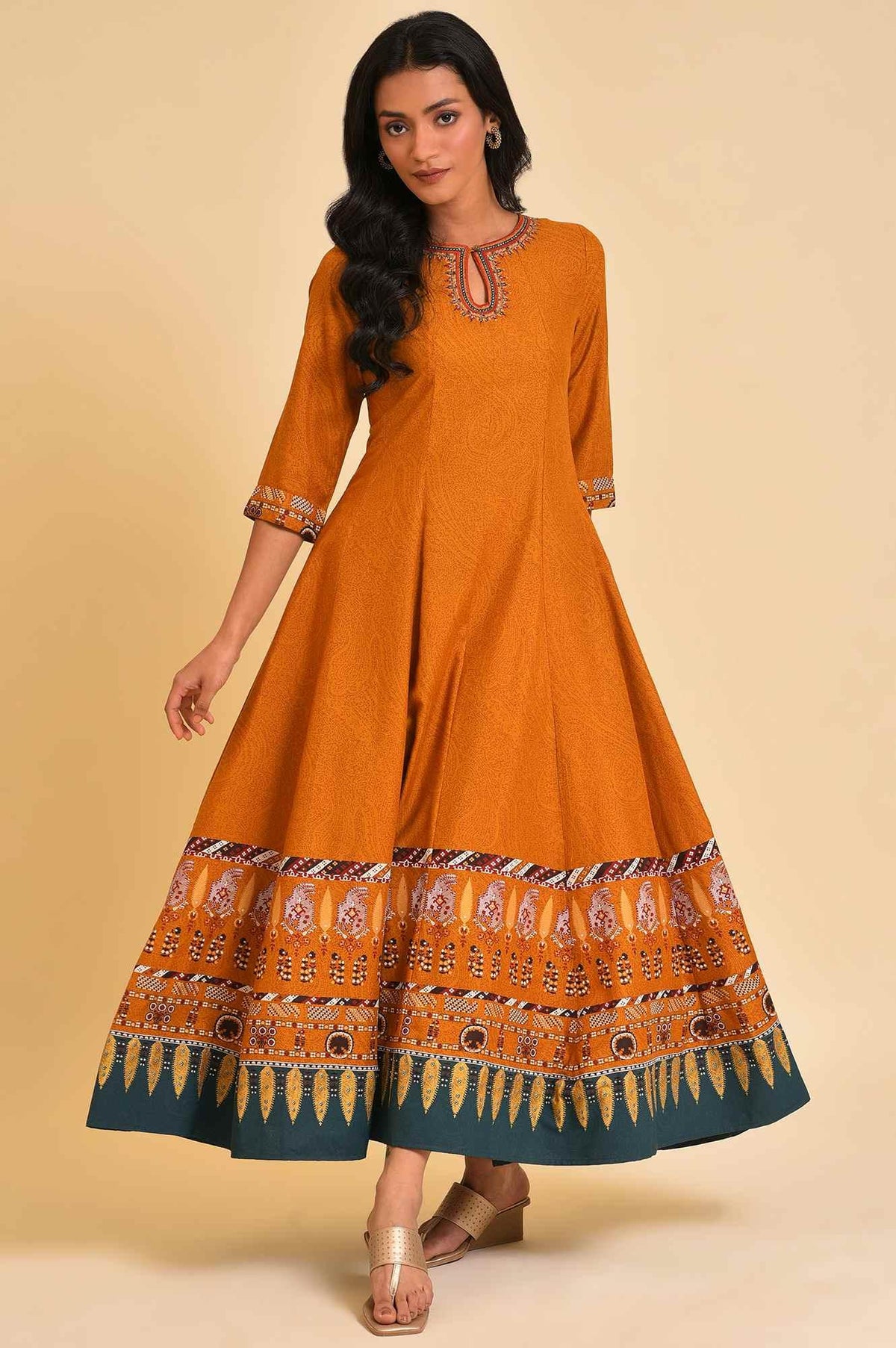 Plus Size Mustard Flared Embroidered Dress - 20