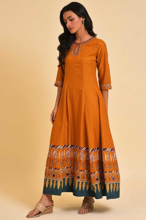 Plus Size Mustard Flared Embroidered Dress