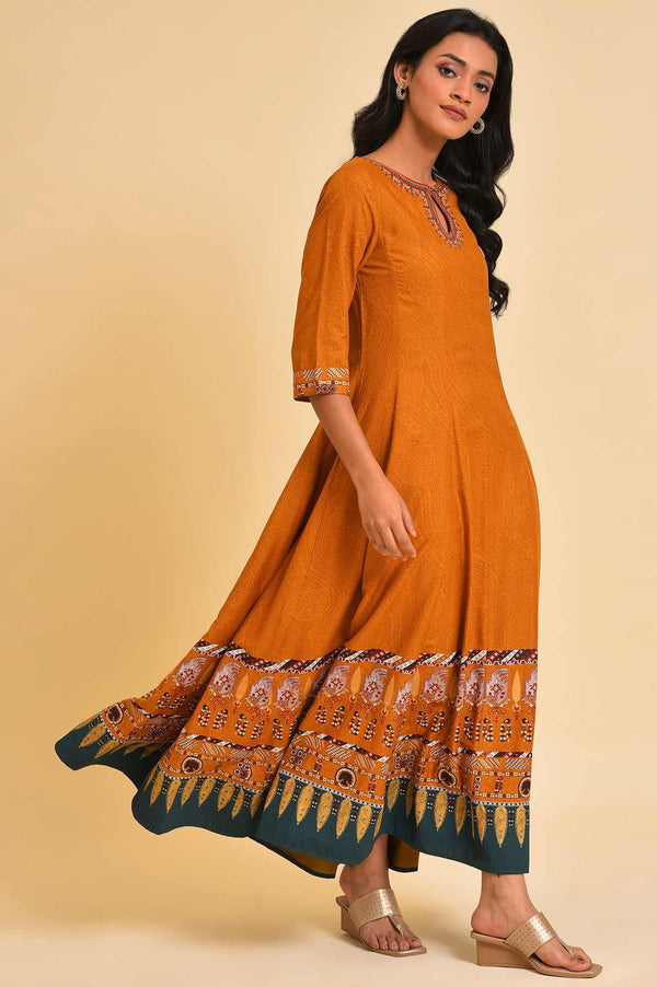 Plus Size Mustard Flared Embroidered Dress