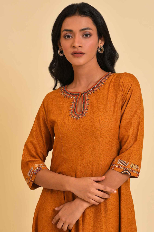 Plus Size Mustard Flared Embroidered Dress