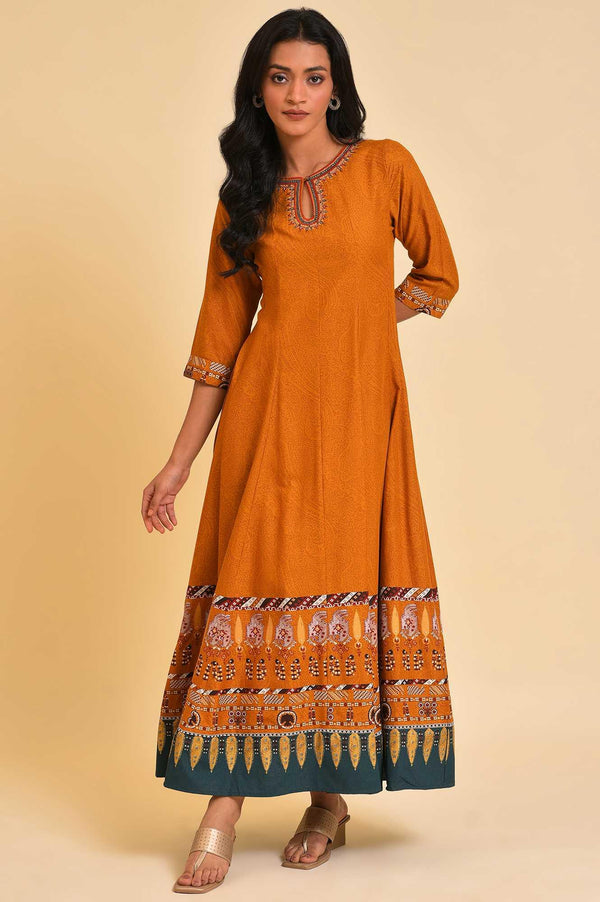 Plus Size Mustard Flared Embroidered Dress
