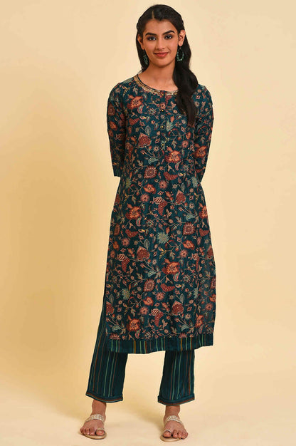Teal Printed Embellished Neck Straight Plus Size kurta - wforwoman