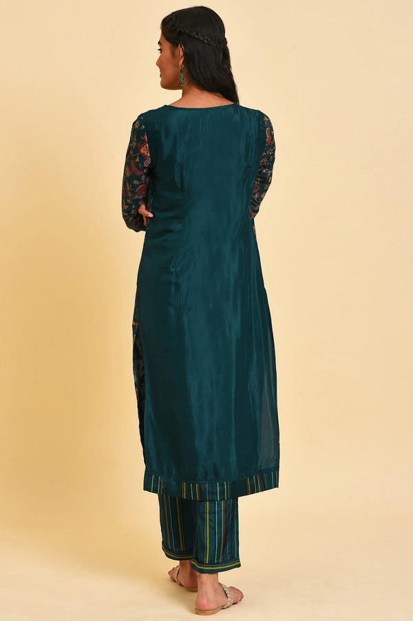 Teal Printed Embellished Neck Straight kurta