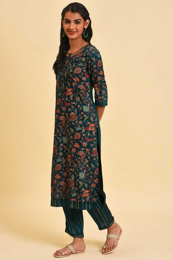 Teal Printed Embellished Neck Straight Plus Size kurta