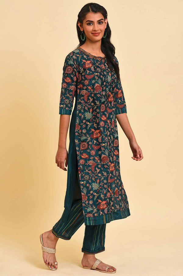 Teal Printed Embellished Neck Straight Plus Size kurta