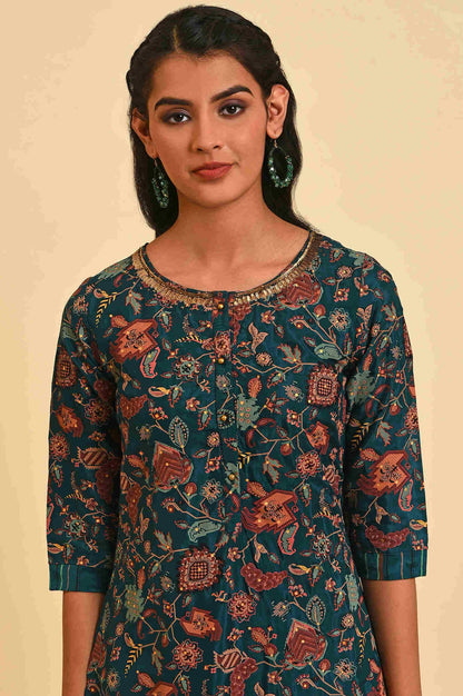 Teal Printed Embellished Neck Straight Plus Size kurta - wforwoman