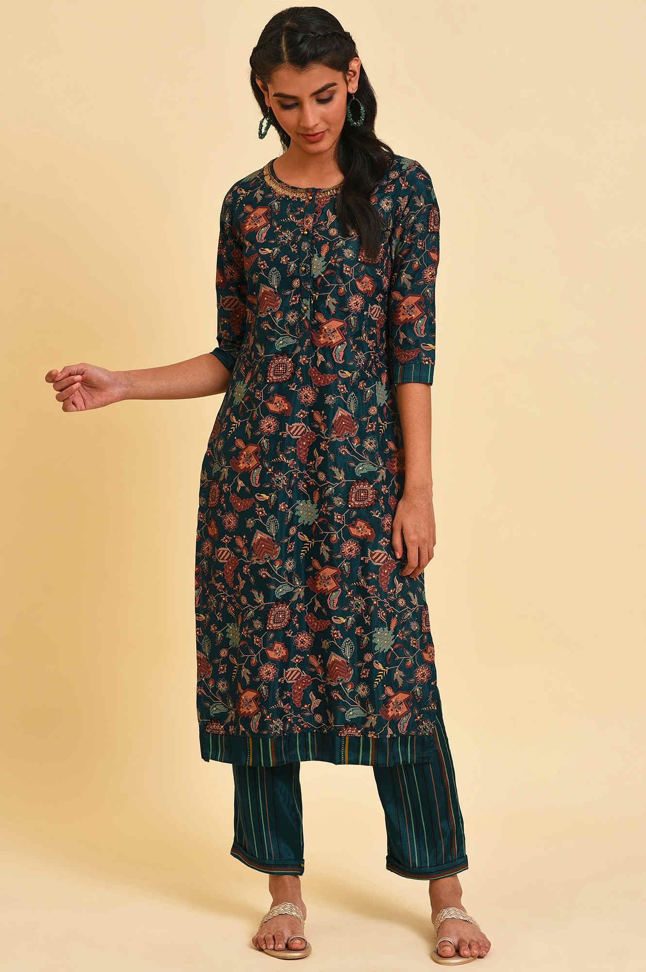 Teal Printed Embellished Neck Straight kurta - wforwoman