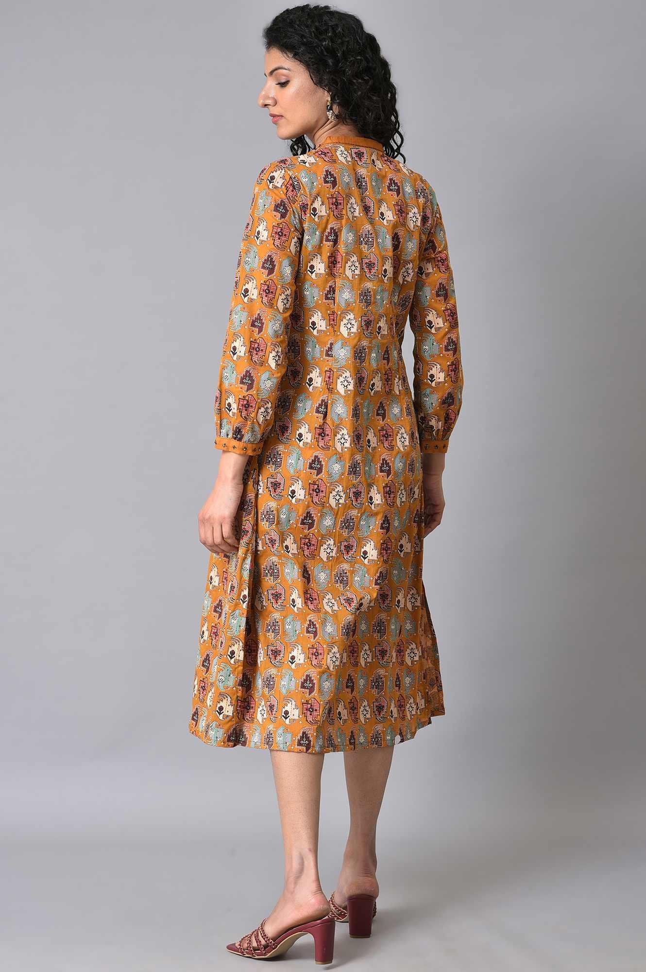 Dark Yellow Printed Pleated Shirt Dress - wforwoman