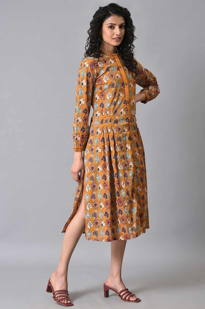 Dark Yellow Printed Pleated Shirt Dress - wforwoman