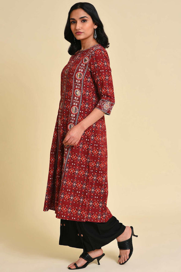 Dark Red A-Line Printed Plus Size kurta