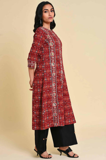 Dark Red A-Line Printed kurta - wforwoman