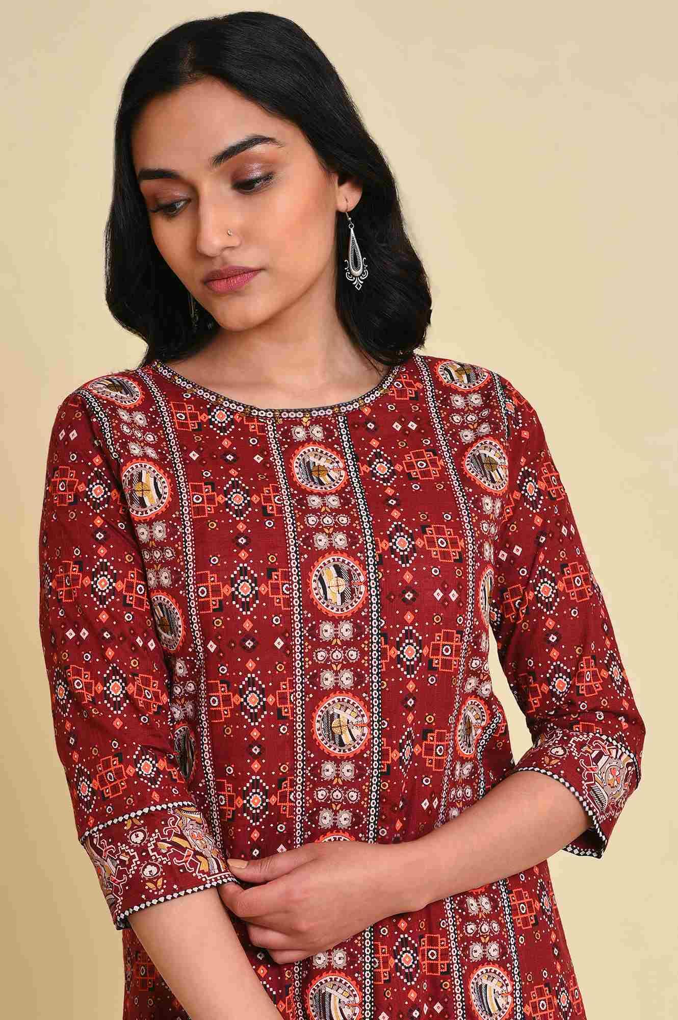 Dark Red A-Line Printed kurta - wforwoman