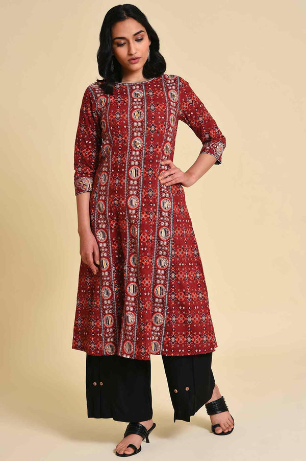 Dark Red A-Line Printed Plus Size kurta