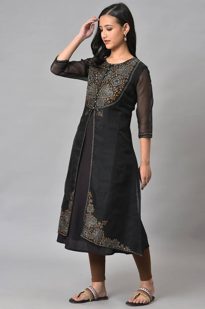 Plus Size Black Kota Jacket With Solid Sleeveless kurta - wforwoman