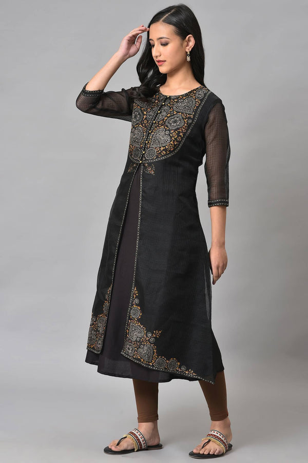 Plus Size Black Kota Jacket With Solid Sleeveless kurta