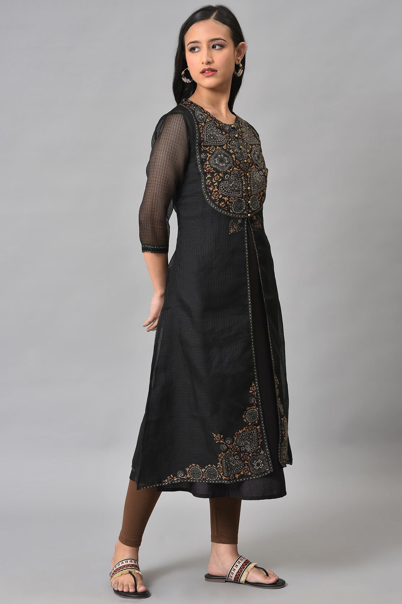 Plus Size Black Kota Jacket With Solid Sleeveless kurta - wforwoman
