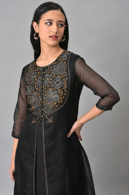 Plus Size Black Kota Jacket With Solid Sleeveless kurta - wforwoman