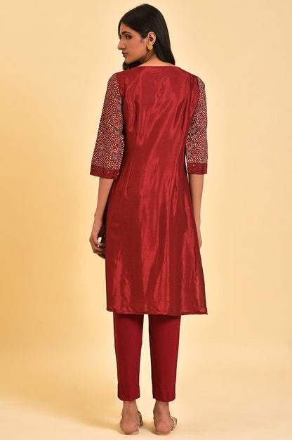 Dark Red Printed kurta With Front Pleat - wforwoman