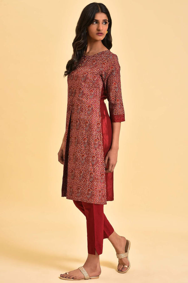 Dark Red Printed kurta With Front Pleat