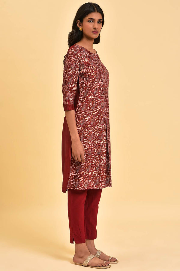 Dark Red Printed kurta With Front Pleat