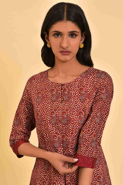 Dark Red Printed kurta With Front Pleat - wforwoman