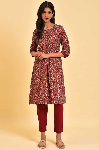 Dark Red Printed kurta With Front Pleat - wforwoman