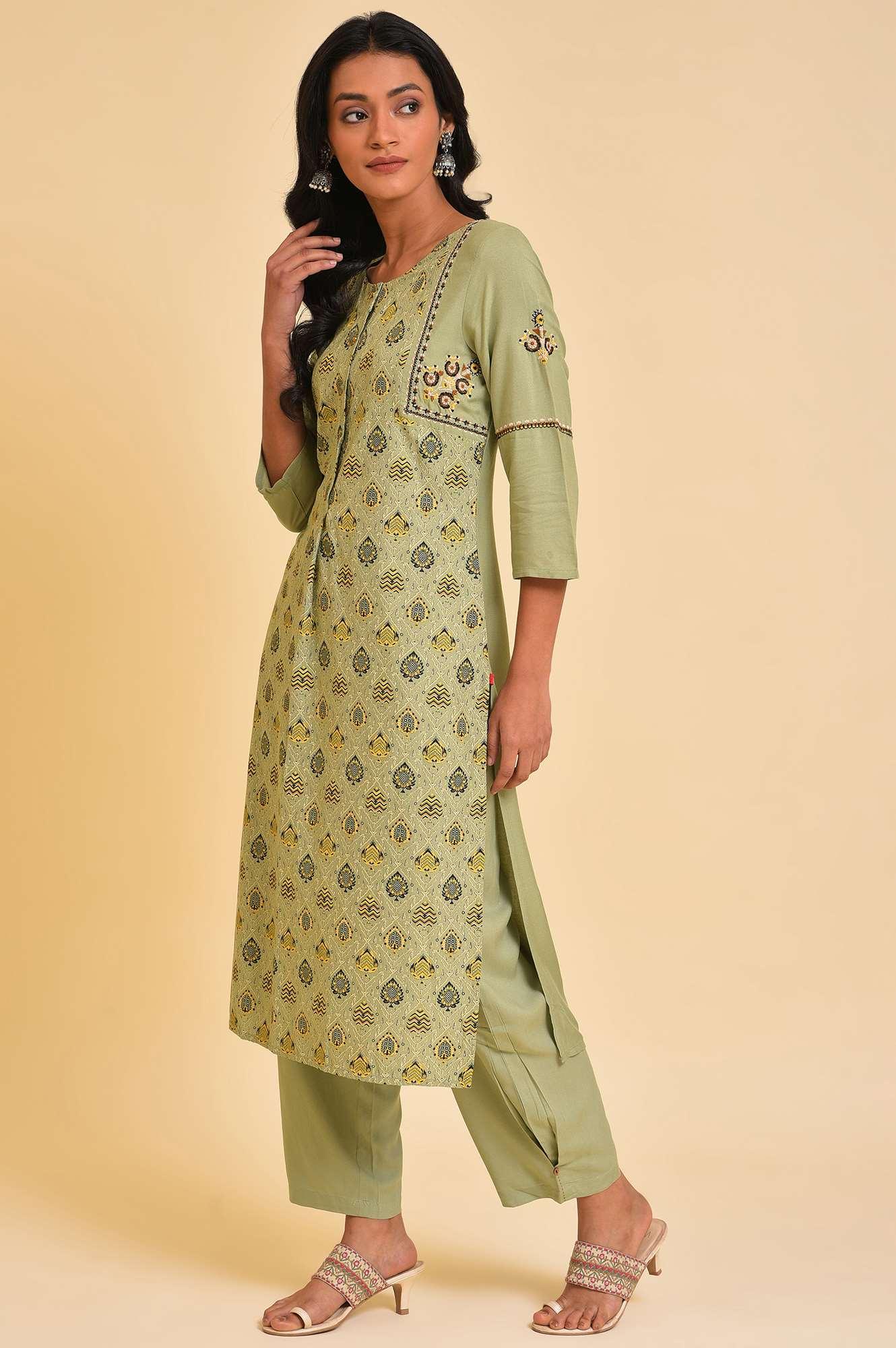 Light Green Embroidered Yoke Plus Size kurta - wforwoman