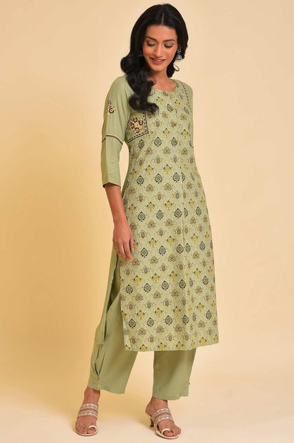 Light Green Embroidered Yoke Plus Size kurta - wforwoman