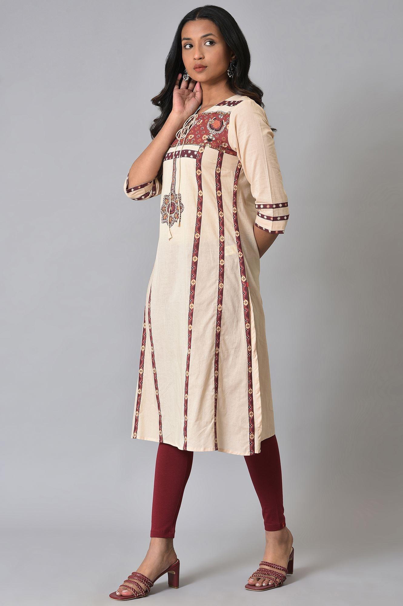 Ecru Printed Straight Summer Plus Size kurta - wforwoman