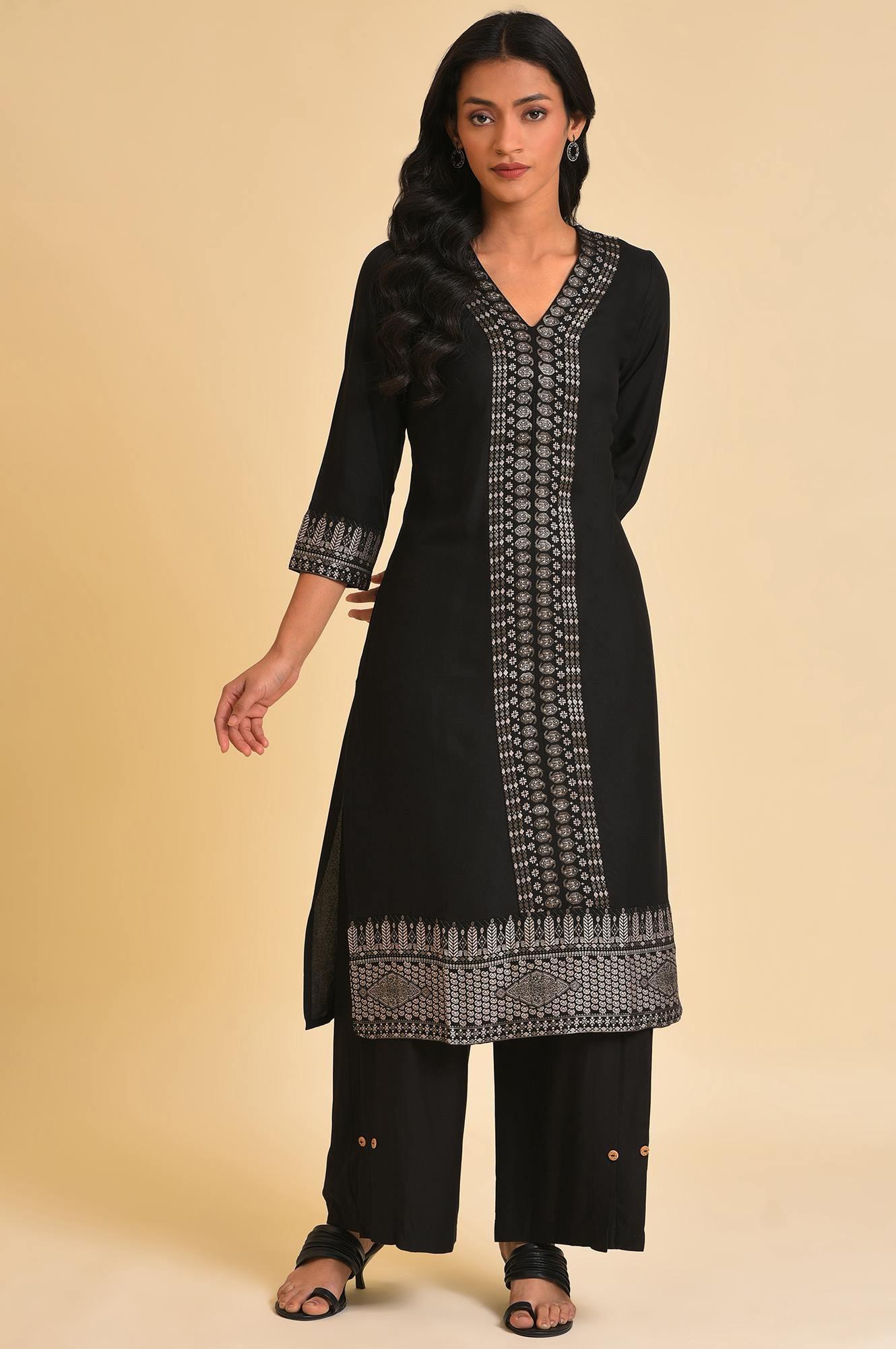 Black Placement Print A-Line kurta - wforwoman