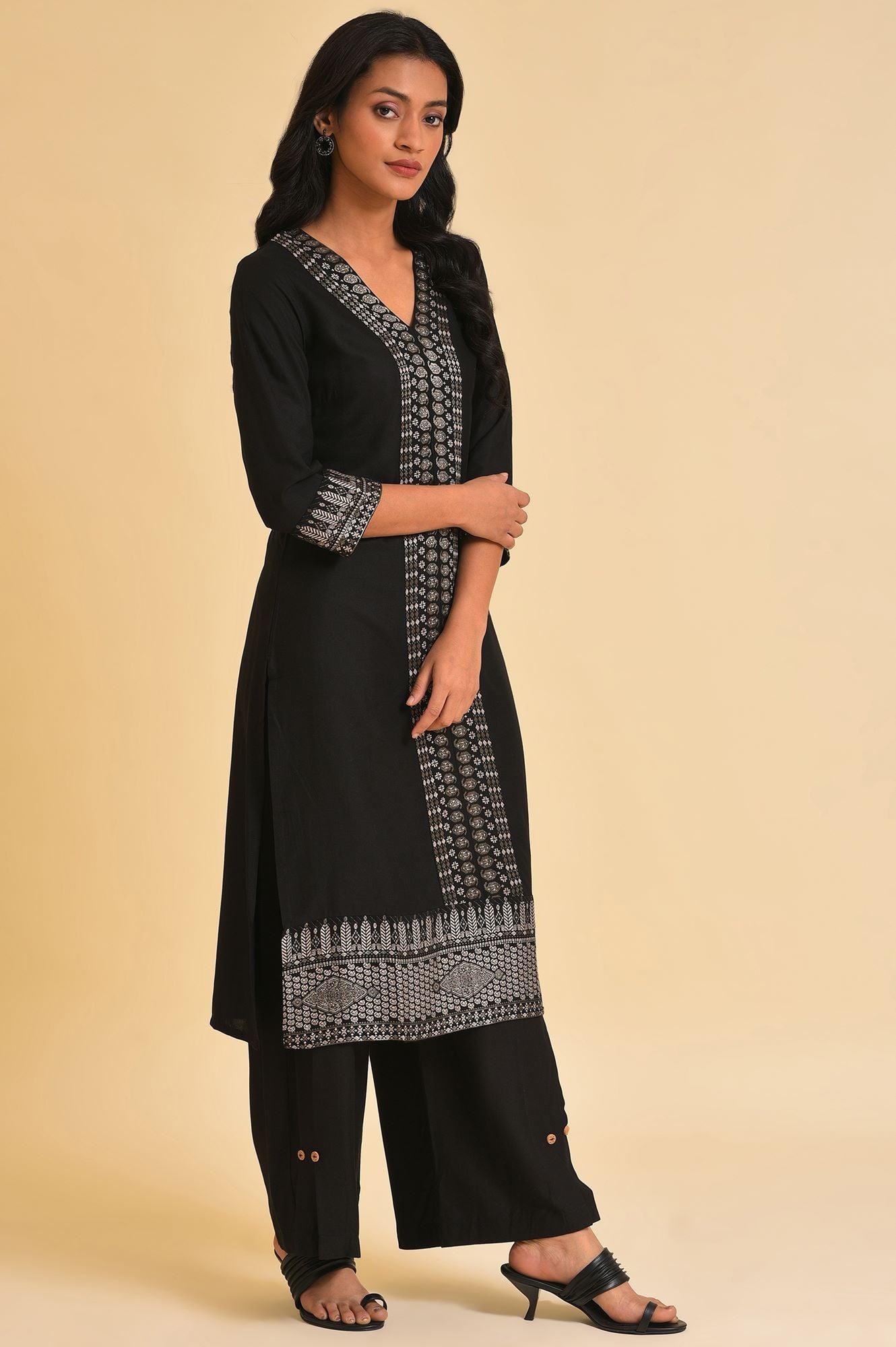 Black Placement Print A-Line kurta - wforwoman