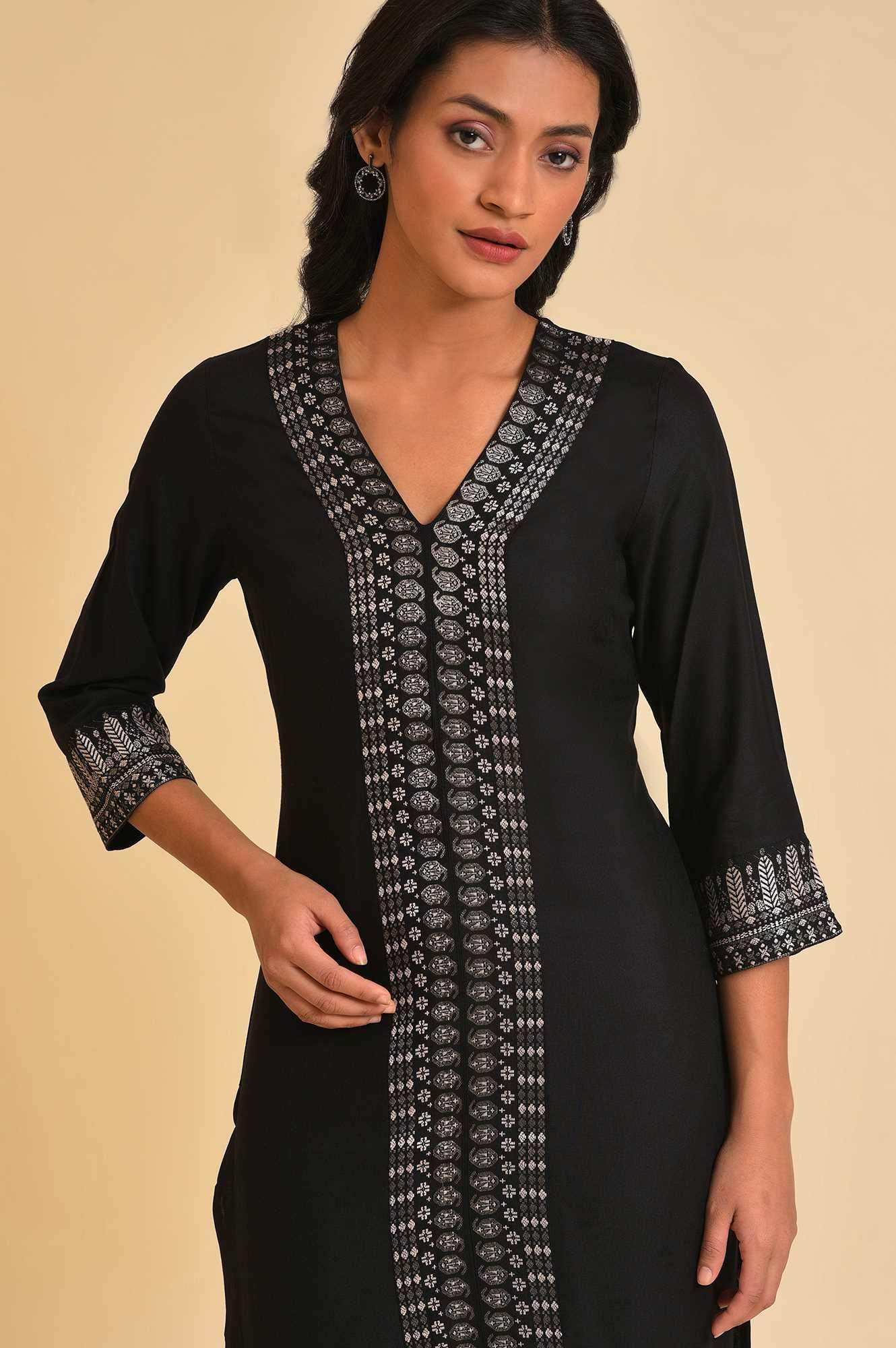 Black Placement Print A-Line kurta - wforwoman