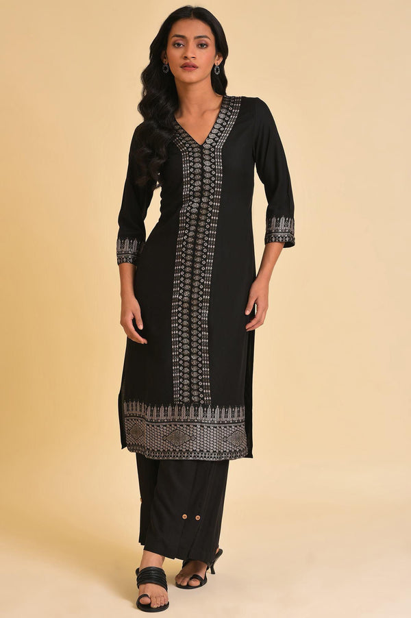 Black Placement Print A-Line Plus Size kurta