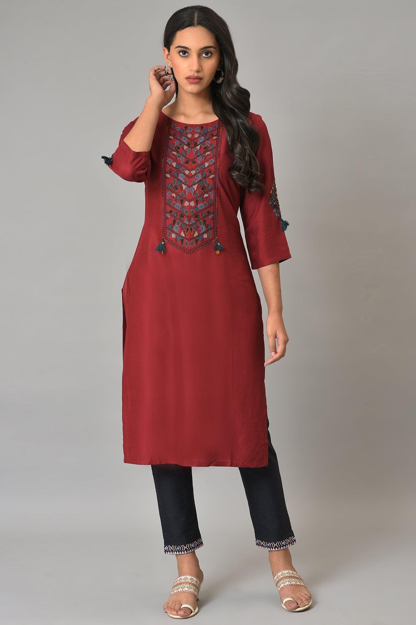 Maroon Round Neck kurta With Embroidered Yoke - wforwoman