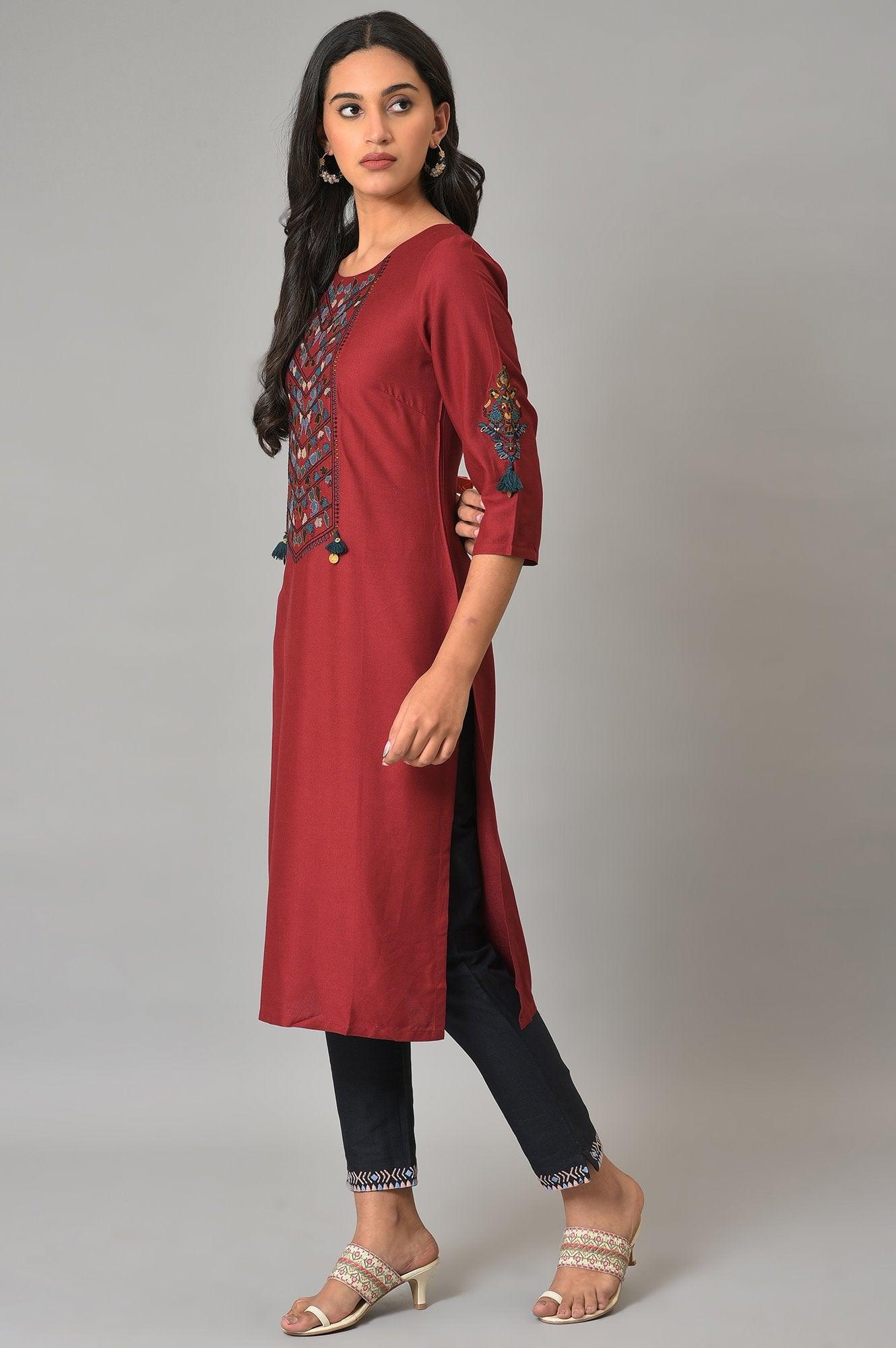 Maroon Round Neck kurta With Embroidered Yoke - wforwoman