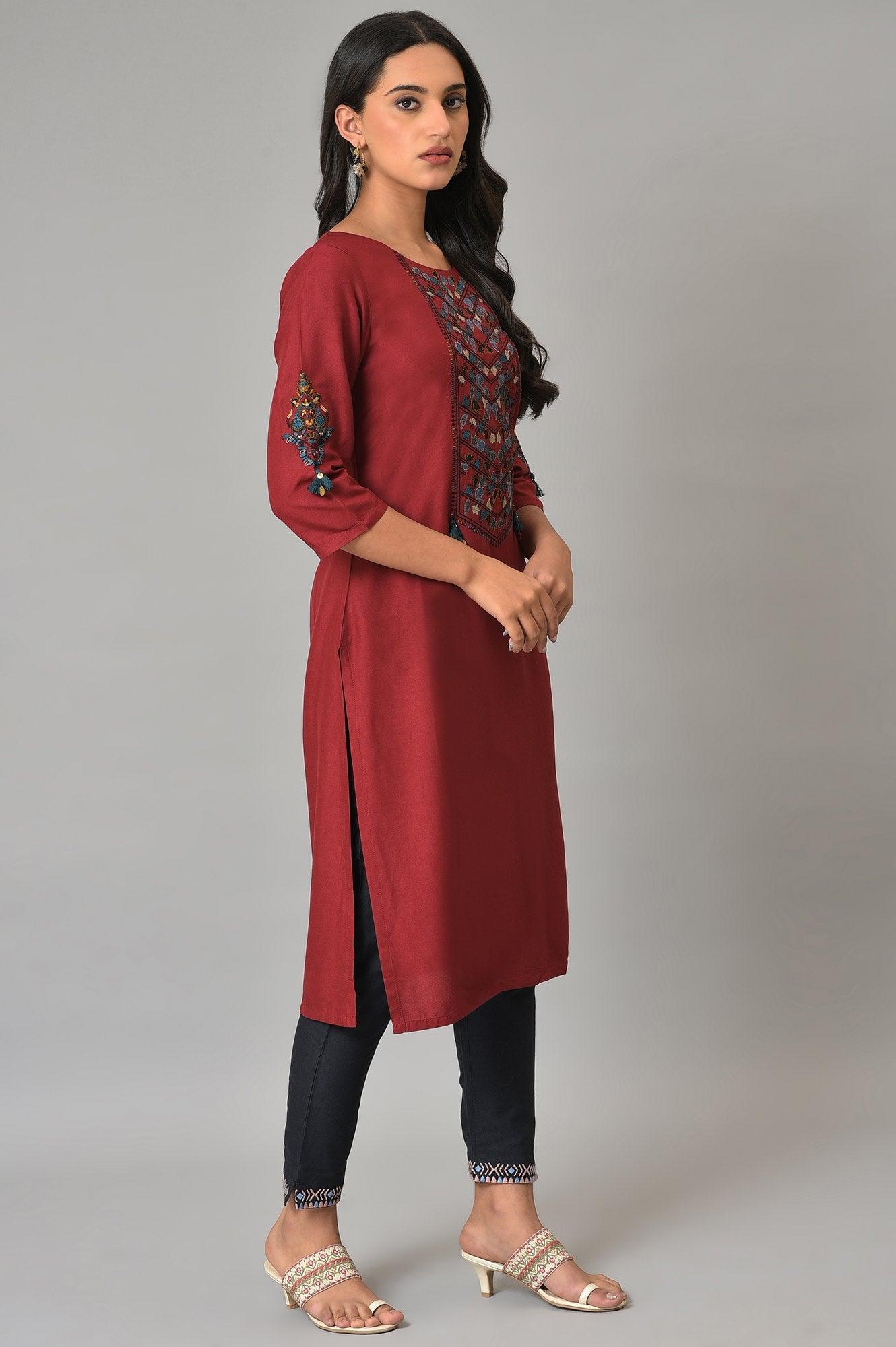 Maroon Round Neck kurta With Embroidered Yoke - wforwoman