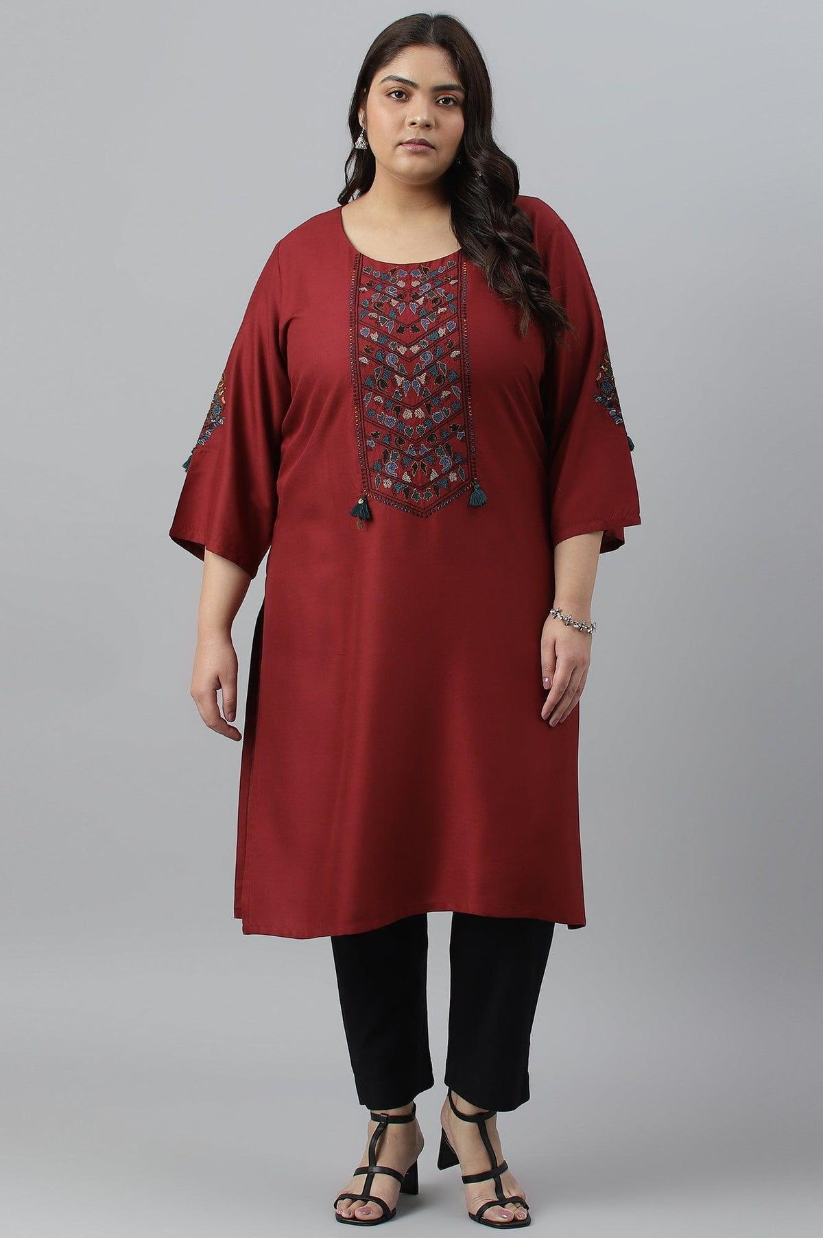 Dark Red Embroidered Plus Size kurta - 20