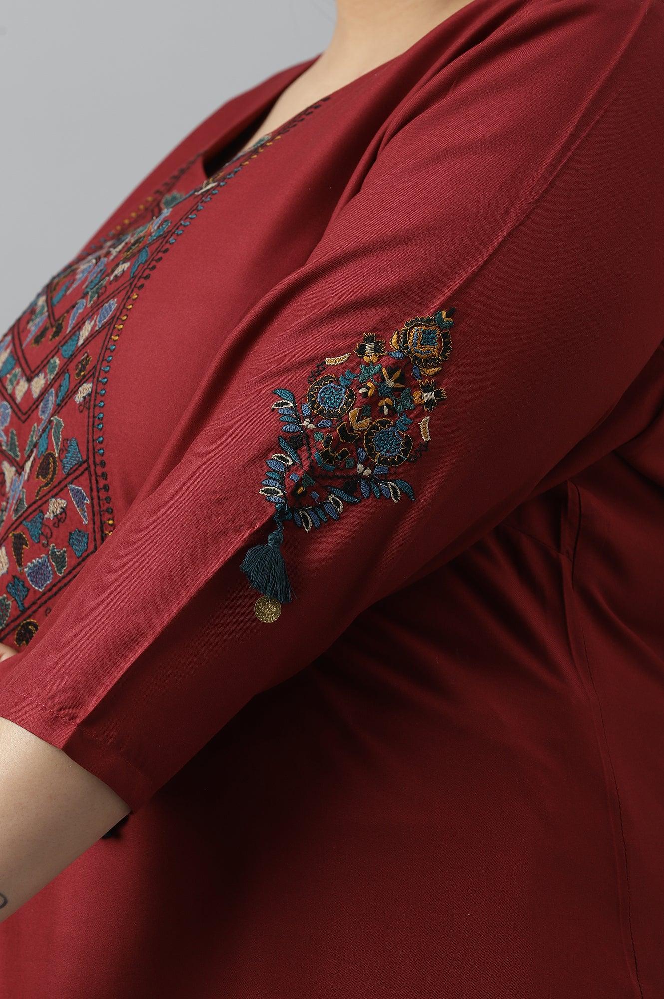 Dark Red Embroidered Plus Size kurta - wforwoman