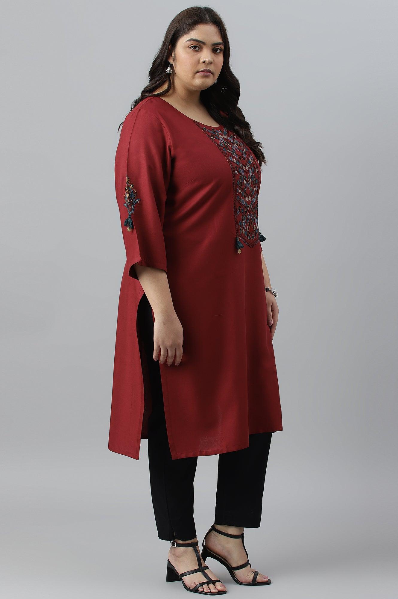 Dark Red Embroidered Plus Size kurta - wforwoman