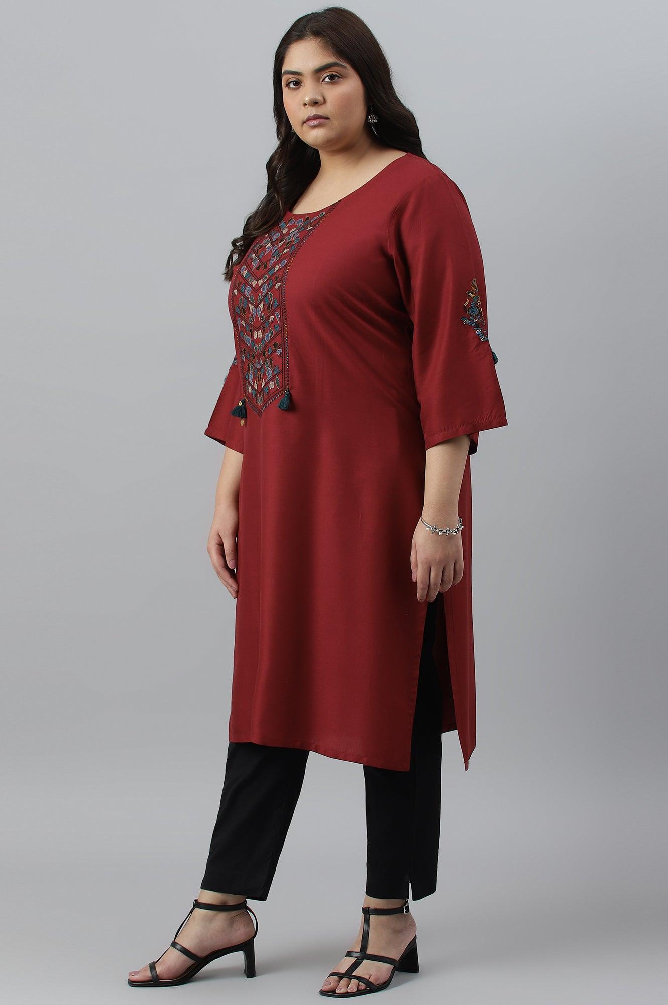 Dark Red Embroidered Plus Size kurta - wforwoman