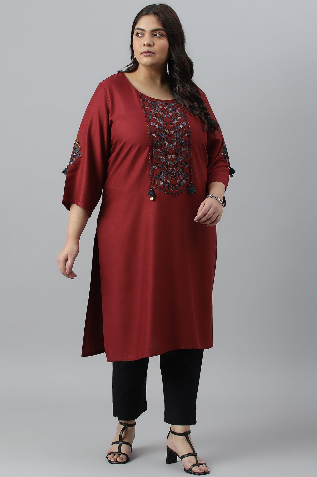 Dark Red Embroidered Plus Size kurta - wforwoman