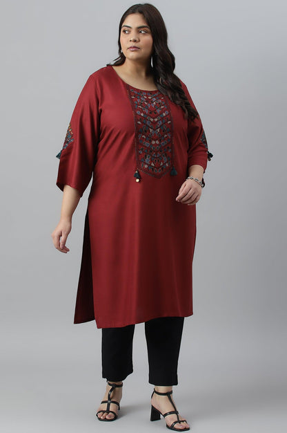 Dark Red Embroidered Plus Size kurta - wforwoman
