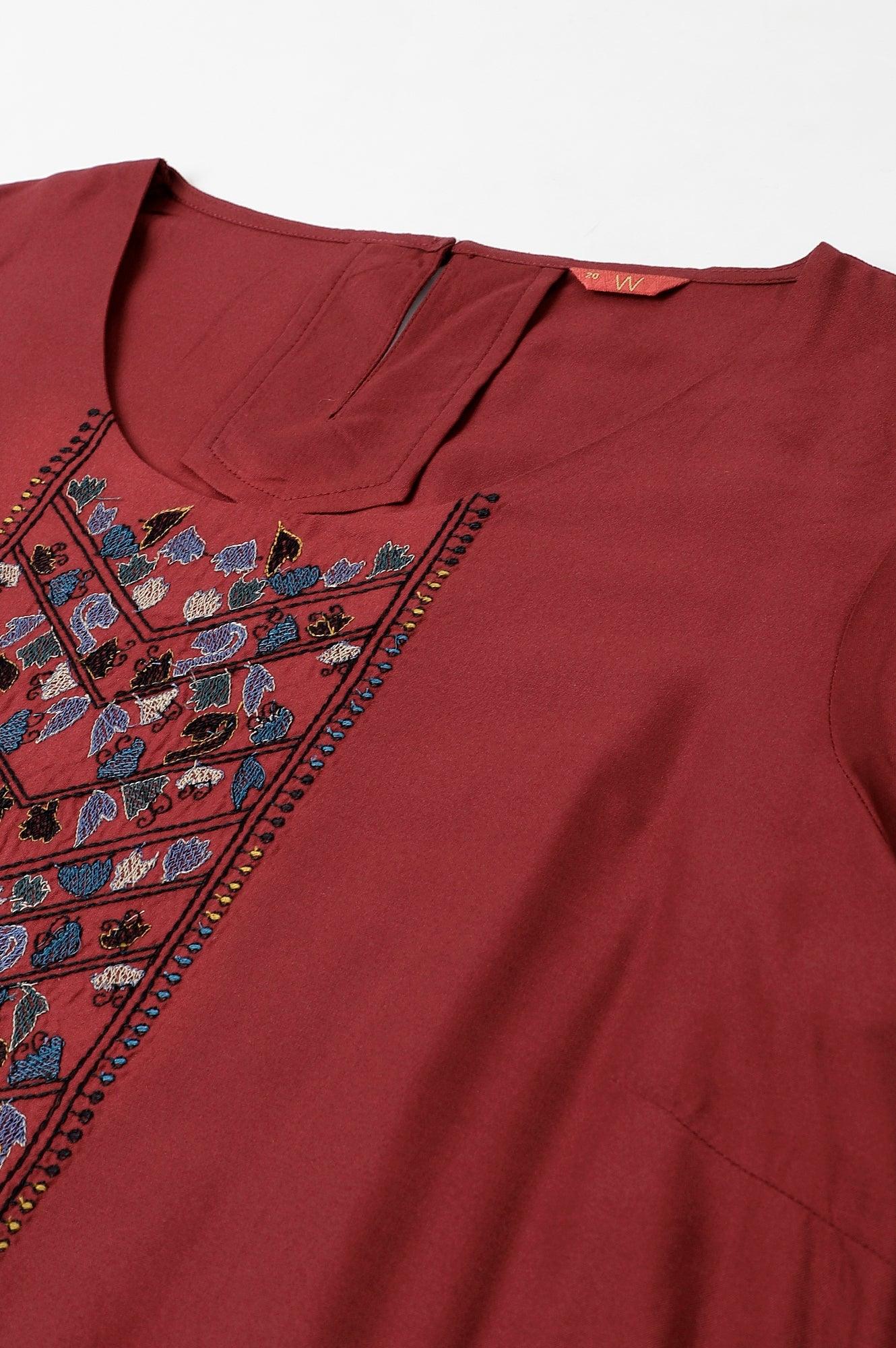 Dark Red Embroidered Plus Size kurta - wforwoman